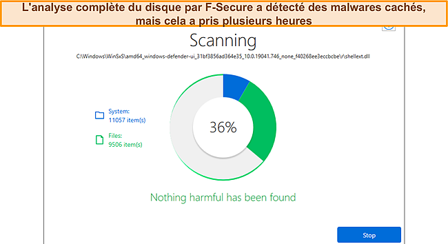 Capture d'écran de la progression de l'analyse F-Secure.