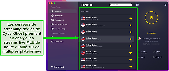 Capture d'écran des serveurs optimisés pour le streaming de CyberGhost pour Hulu, Sling, YouTube TV pendant que CyberGhost est connecté à un serveur à New York, USA.