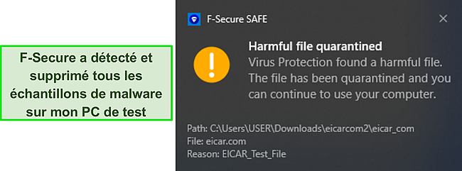 Capture d'écran de la détection en temps réel de F-Secure.