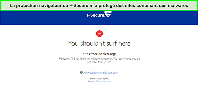 Capture d'écran de F-Secure bloquant un site Web malveillant.