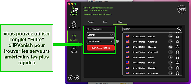 Capture d'écran de l'application Mac d'IPVanish montrant la fonction de filtrage et les serveurs américains.