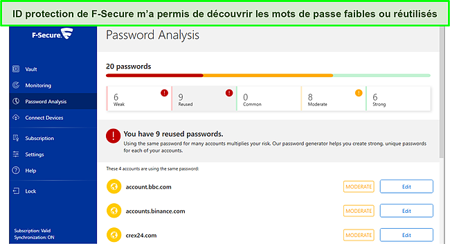 Capture d'écran de l'audit des mots de passe F-Secure.
