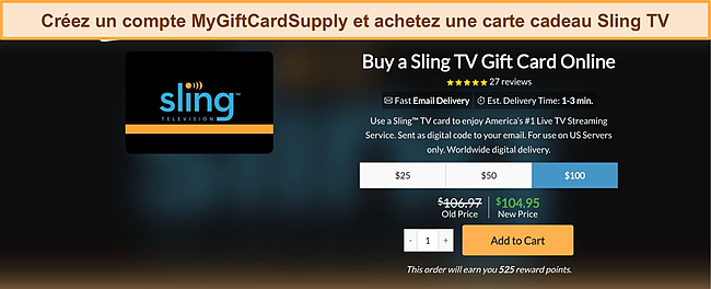 Capture d'écran de l'écran d'achat de la carte-cadeau MyGiftCardSupply Sling TV.