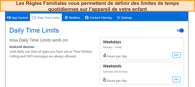 Capture d'écran de l'onglet des limites de temps du contrôle parental.