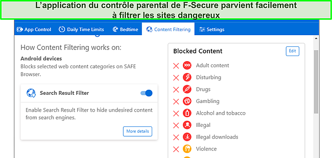 Capture d'écran de l'onglet de filtrage du contenu du contrôle parental.