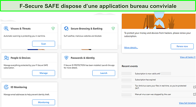 Capture d'écran de l'interface de bureau F-Secure SAFE.