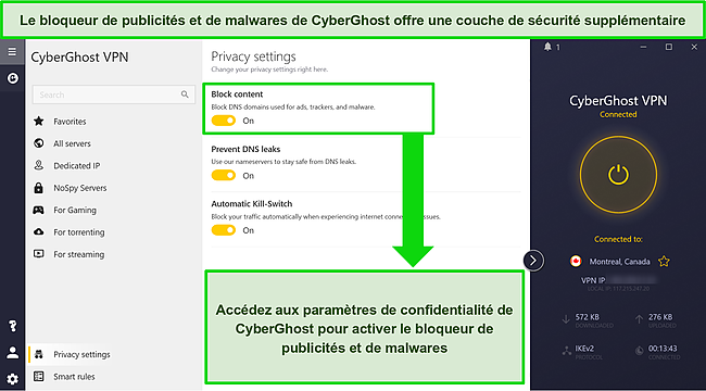 Capture d'écran de l'interface de CyberGhost montrant son bloqueur de publicités et de logiciels malveillants activé.