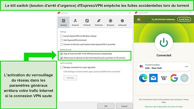Capture d'écran de l'application Windows d'ExpressVPN montrant le verrouillage du réseau activé.