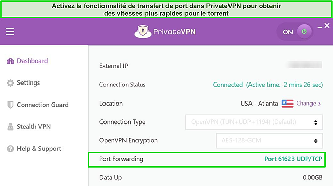 Capture d'écran de l'interface de PrivateVPN avec la fonctionnalité de redirection de port activée.
