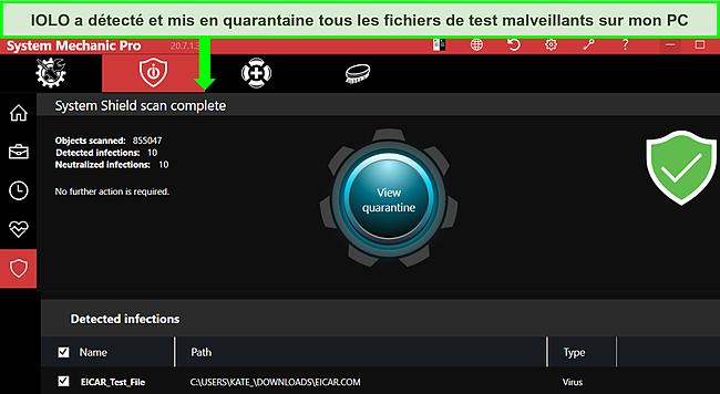 Capture d'écran du résultat de l'analyse du Bouclier système.