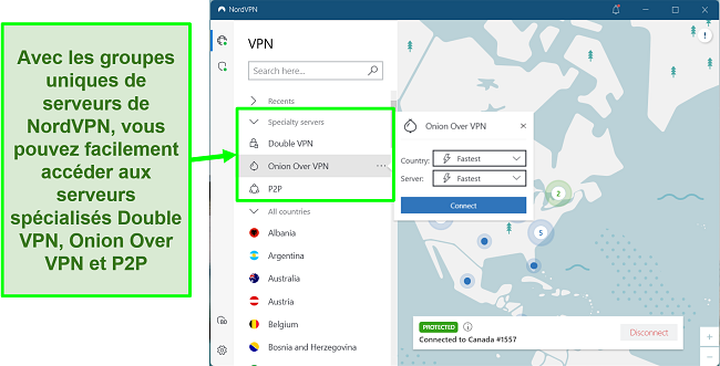 Capture d'écran montrant les serveurs spécialisés disponibles avec NordVPN, y compris ceux optimisés pour le P2P pour les téléchargements de musique