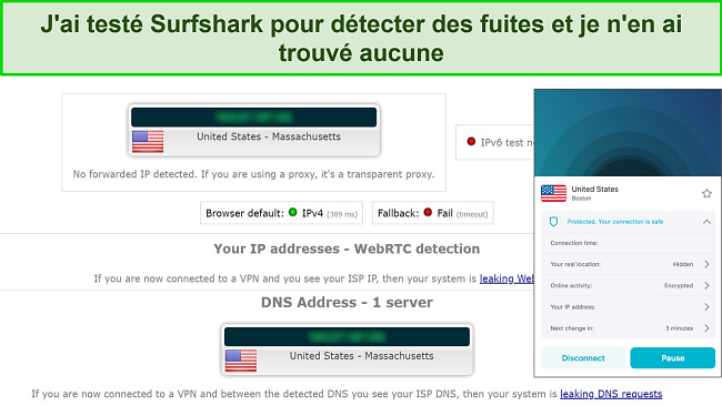 Capture d'écran montrant les serveurs Surfshark réussissant les tests de fuite pour les téléchargements torrent de musique en toute sécurité