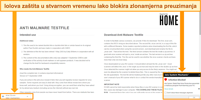 Snimka zaslona na kojoj iolo blokira preuzimanje zlonamjerne datoteke