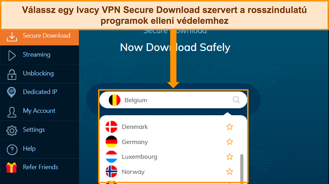 Képernyőkép az Ivacy VPN Windows alkalmazásról, amely kiemeli a Biztonságos letöltés funkcióhoz tartozó szerverválasztási lehetőségeket.