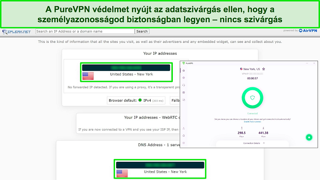 Képernyőkép egy ipleak.net tesztről, amely nulla szivárgást mutat egy amerikai szerverhez csatlakoztatott PureVPN esetén.