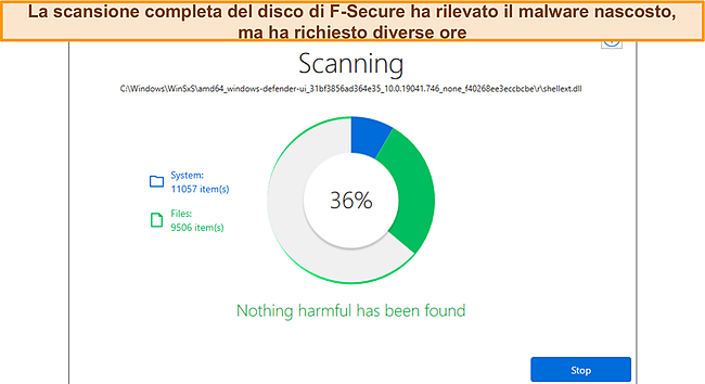 Screenshot dell'avanzamento della scansione di F-Secure.