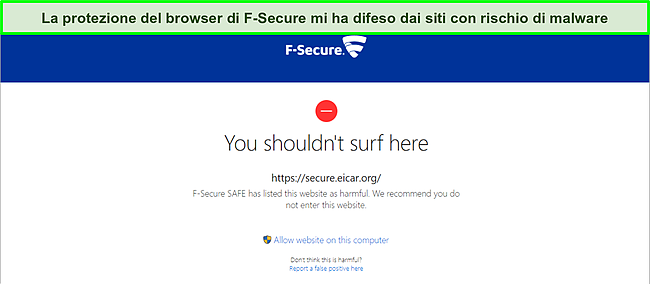 Screenshot di F-Secure che blocca un sito Web dannoso.