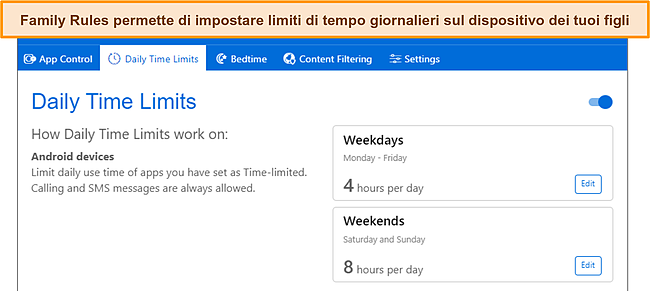 Screenshot della scheda dei limiti di tempo del controllo genitori.