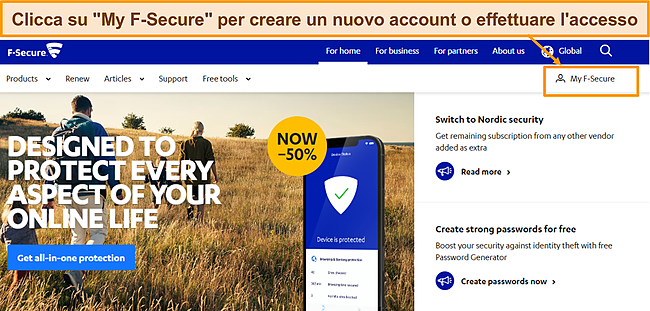 Screenshot della home page di F-Secure.