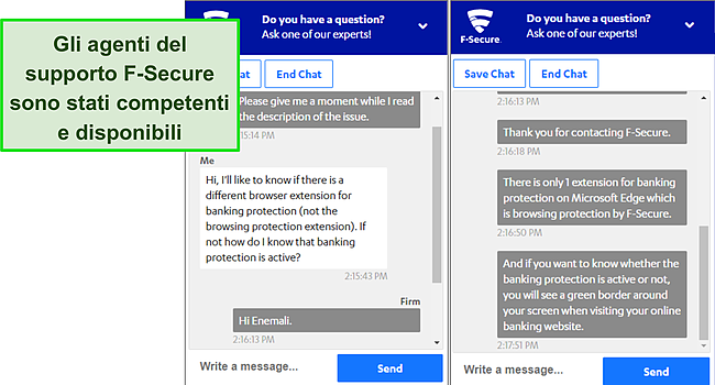 Screenshot della conversazione di supporto della chat dal vivo di F-Secure.