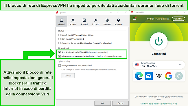 Screenshot dell'app Windows di ExpressVPN che mostra il blocco di rete attivato.