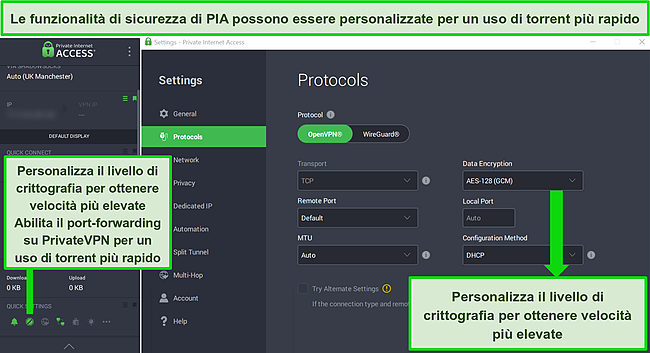 Screenshot dell'interfaccia PIA che mostra le impostazioni di sicurezza personalizzabili e la funzione MACE attivata.
