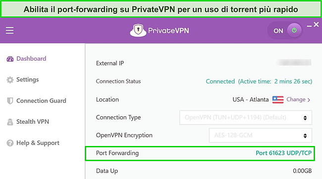 Screenshot dell'interfaccia di PrivateVPN con funzionalità di port forwarding abilitata.