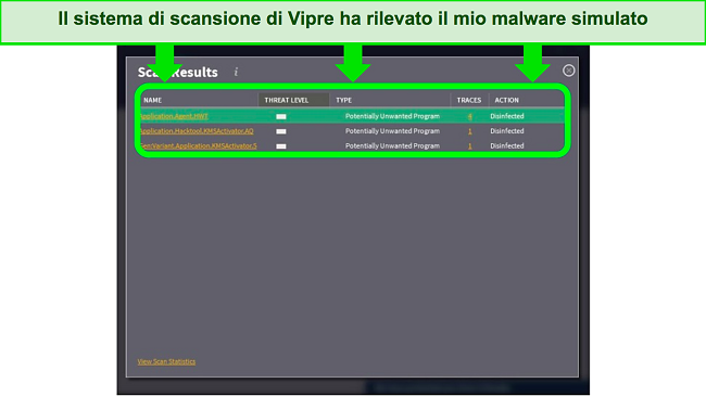 Screenshot dell'interfaccia Vipre dopo una scansione antivirus riuscita
