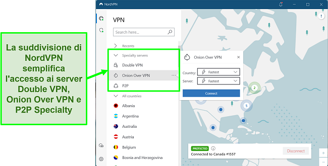 Screenshot che mostra i server speciali disponibili con NordVPN, inclusi quelli ottimizzati P2P per i download di musica