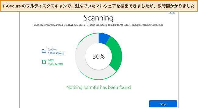 F-Secure スキャンの進行状況のスクリーンショット。