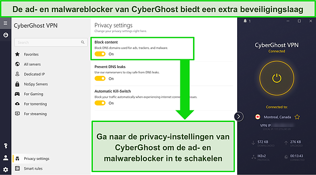 Screenshot van de interface van CyberGhost met ingeschakelde advertentie- en malwareblokkering.