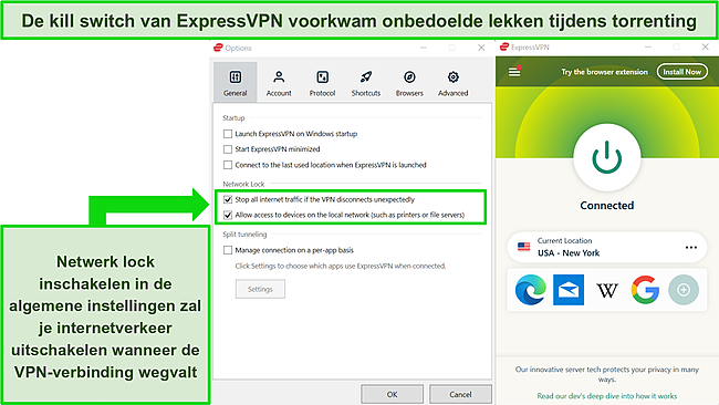 Schermafbeelding van de Windows-app van ExpressVPN met ingeschakelde netwerkvergrendeling.