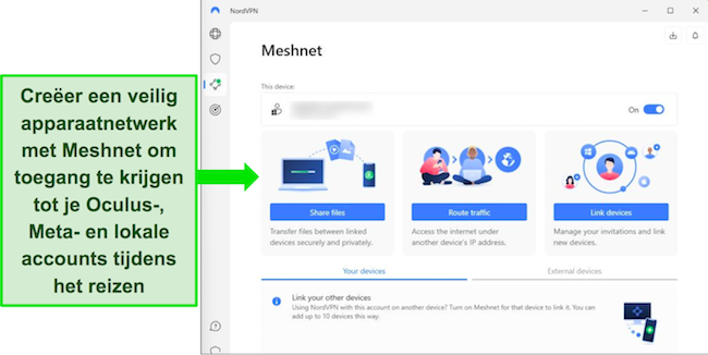 Screenshot van de Meshnet-functie van NordVPN op Windows.