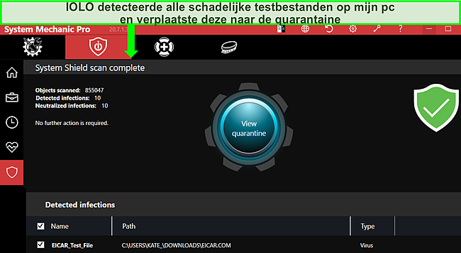 Screenshot van het scanresultaat van System Shield.