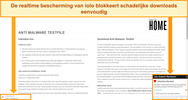 Screenshot van iolo die het downloaden van een kwaadaardig bestand blokkeert