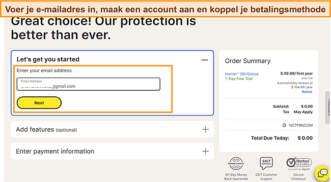 Screenshot van Norton Free Trial Aanmelden.