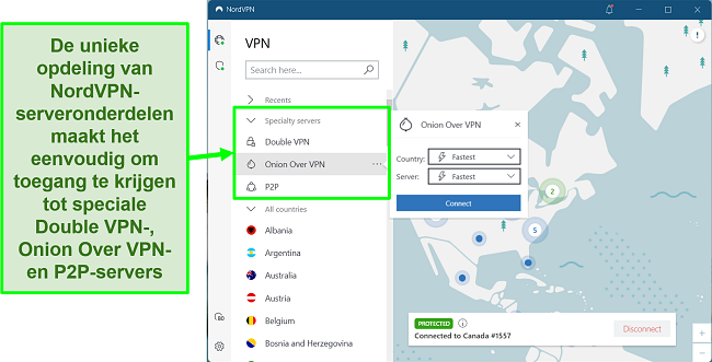 Schermafbeelding met speciale servers die beschikbaar zijn bij NordVPN, inclusief voor P2P geoptimaliseerde servers voor muziekdownloads