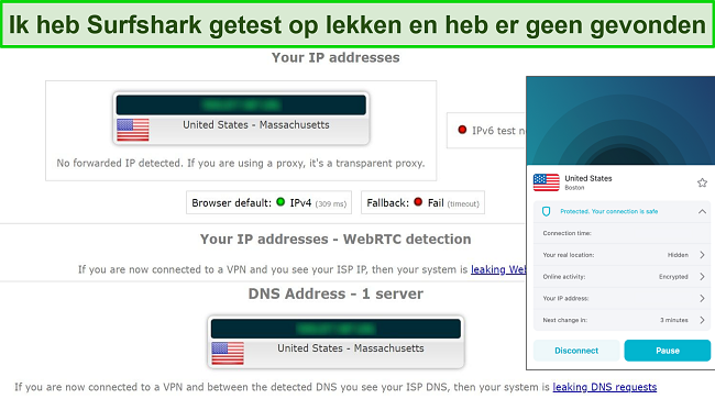 Screenshot waarop te zien is dat Surfshark-servers de lektests voor veilige torrent-downloads van muziek doorstaan