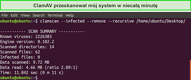 Zrzut ekranu szybkiego skanera CLI ClamAV.