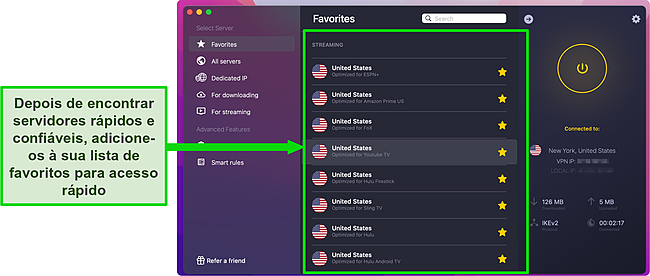 Captura de tela dos servidores otimizados de streaming do CyberGhost para Hulu, Sling, YouTube TV enquanto o CyberGhost está conectado a um servidor em Nova York, EUA.
