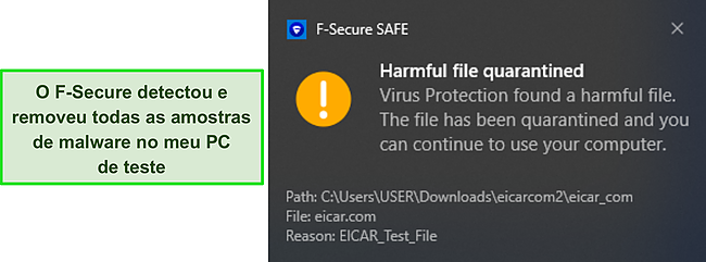 Captura de tela da detecção em tempo real do F-Secure.