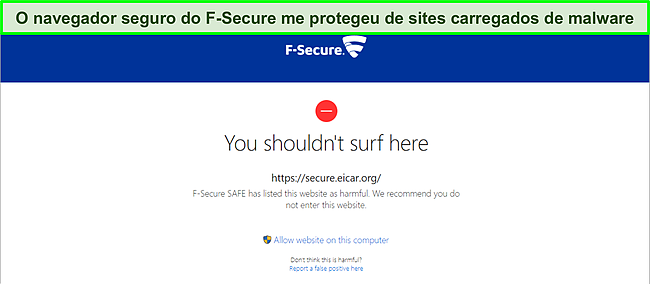Captura de tela da F-Secure bloqueando um site malicioso.