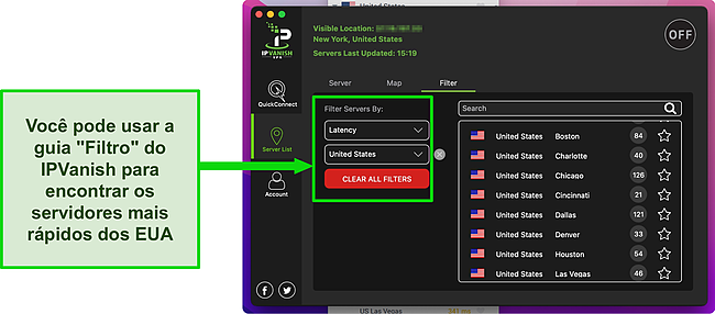 Captura de tela do aplicativo para Mac do IPVanish mostrando o recurso de filtro e os servidores dos EUA.
