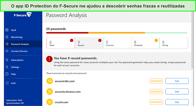 Captura de tela da auditoria de senha do F-Secure.