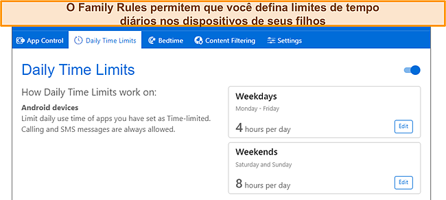 Captura de tela da guia de limites de tempo do controle dos pais.