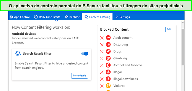 Captura de tela da guia de filtragem de conteúdo de controle dos pais.