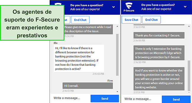 Captura de tela da conversa de suporte ao chat ao vivo da F-Secure.