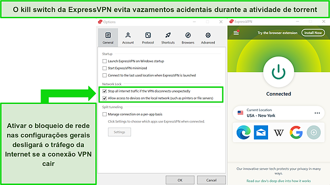 Captura de tela do aplicativo Windows da ExpressVPN mostrando o bloqueio de rede ativado.