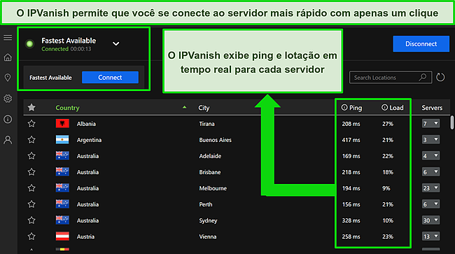 Captura de tela do aplicativo Windows do IPVAnish exibindo carga e ping do servidor em tempo real.