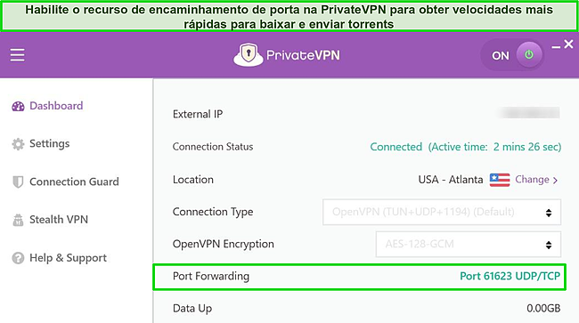 Captura de tela da interface do PrivateVPN com o recurso de encaminhamento de porta habilitado.